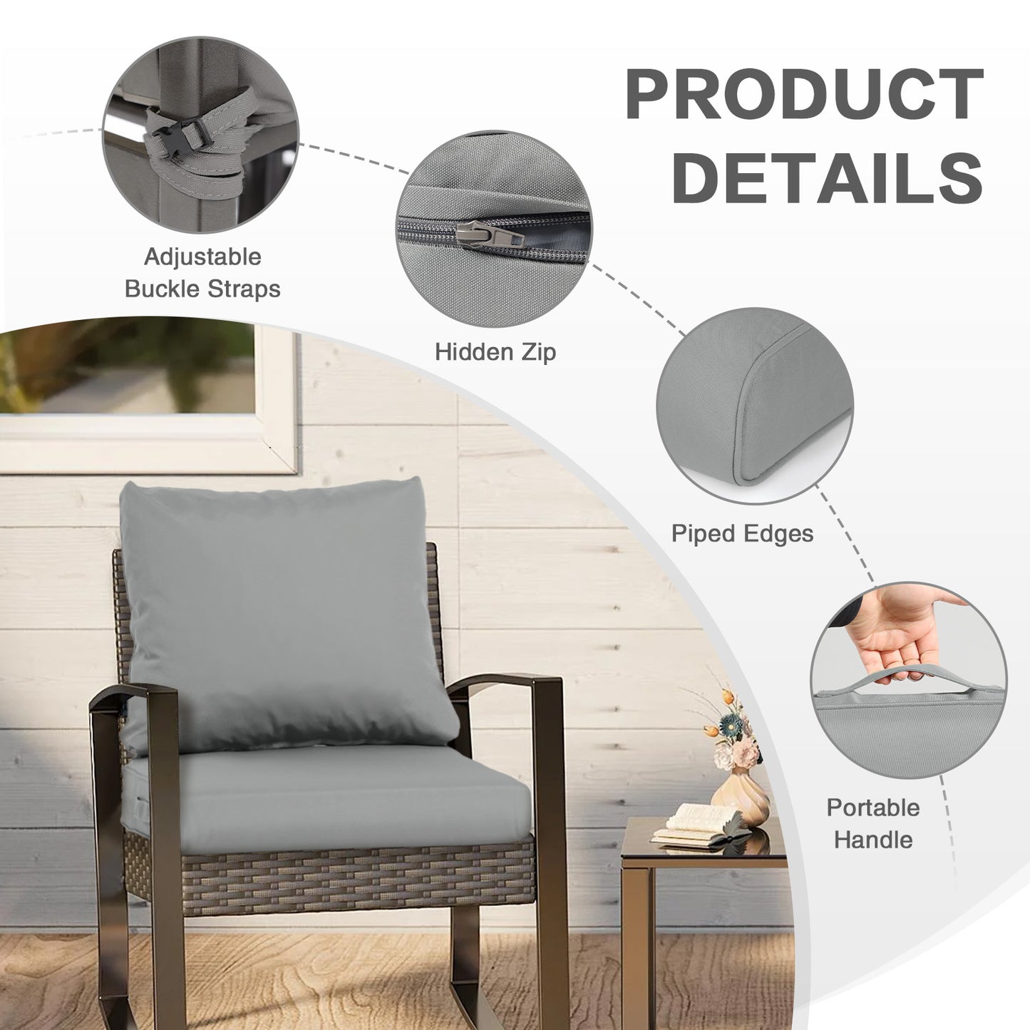 Outdoor Chair Cushions, Patio Deep Seat Cushions with Handle & Adjustable Straps - Gray