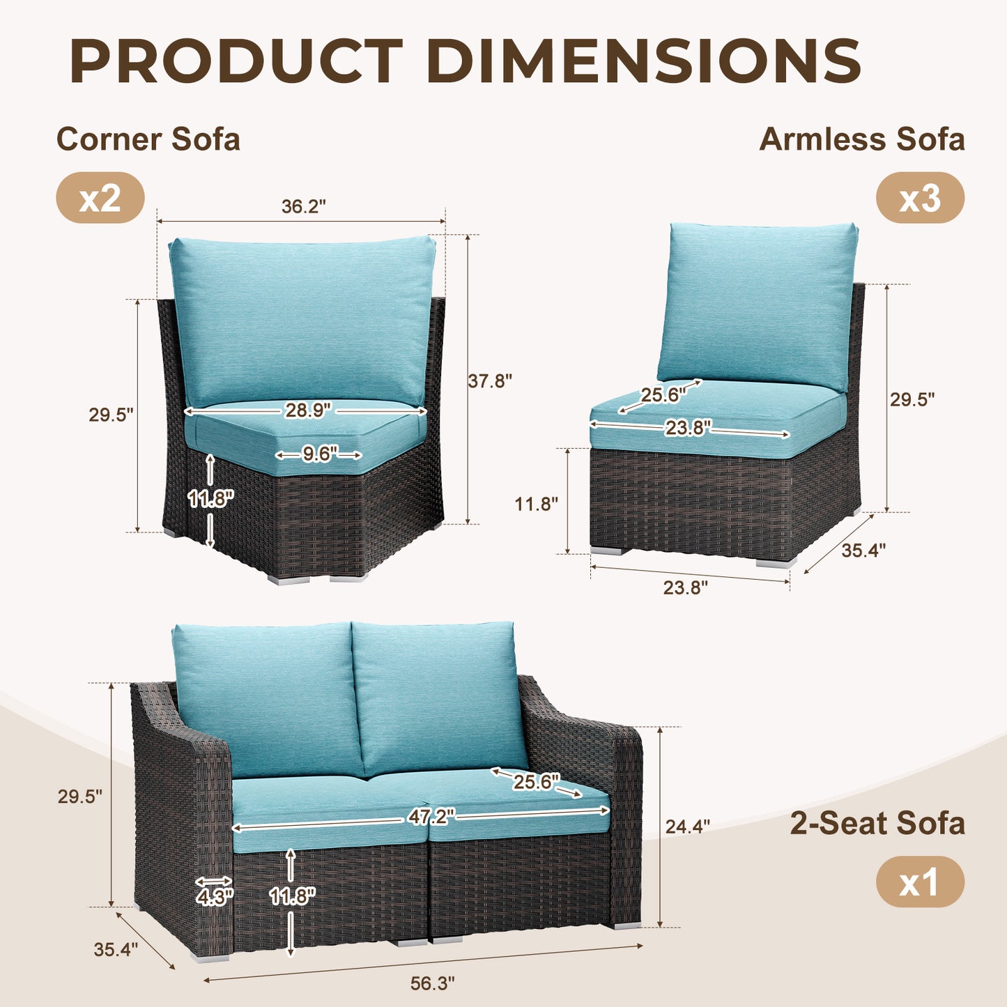 Premium 7 Piece L-shaped Patio Furniture Set with Turquoise Cushions - Casual Luxury