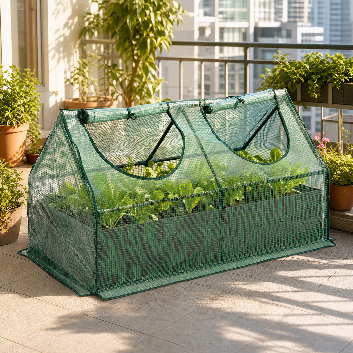 Raised Garden Bed with Mini Greenhouse Cover, Green PE Planter Box Kit