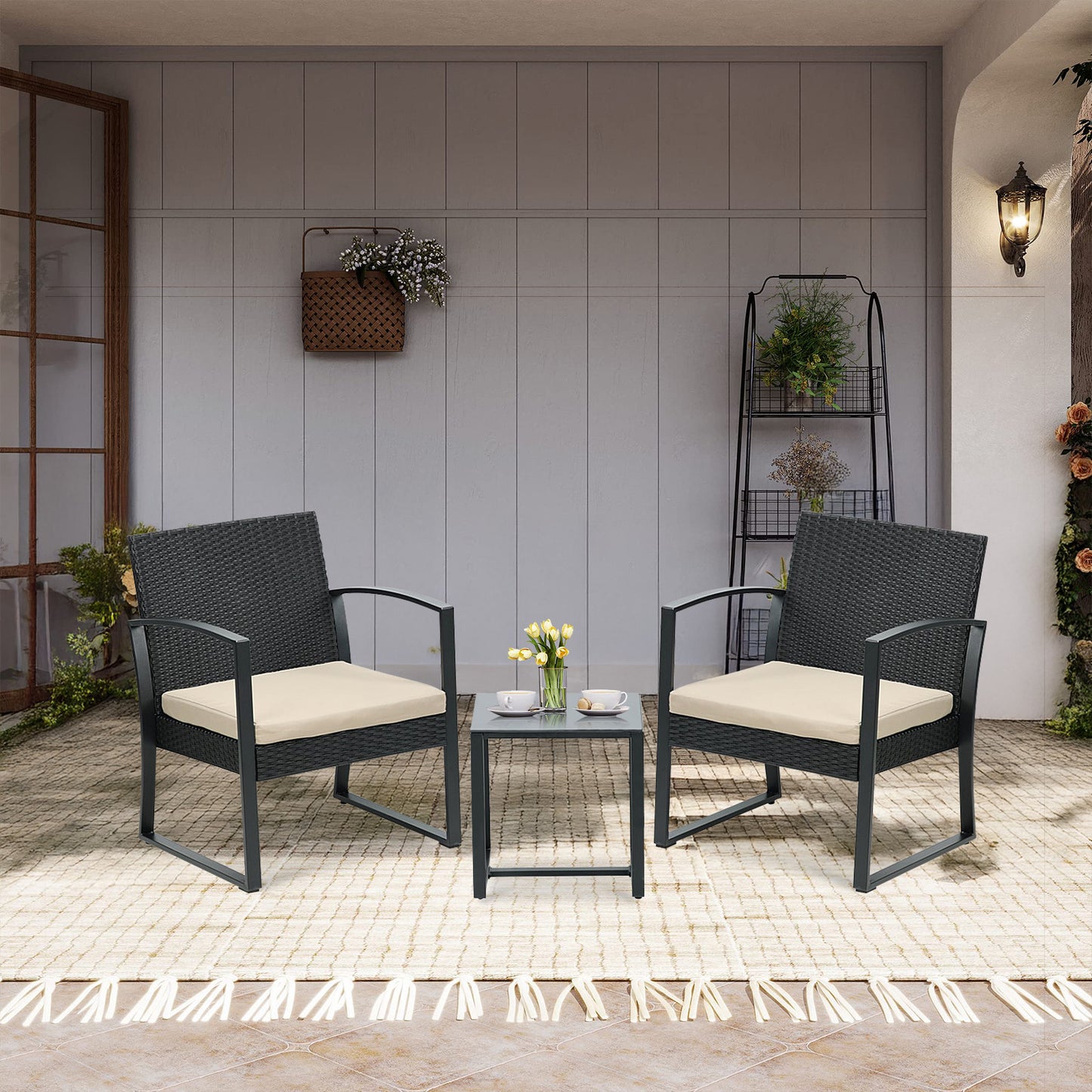 3-Piece Patio Furniture Set - Outdoor Rattan Wicker Chairs with Table, Sofa Set Including Cushions - Aoodor 