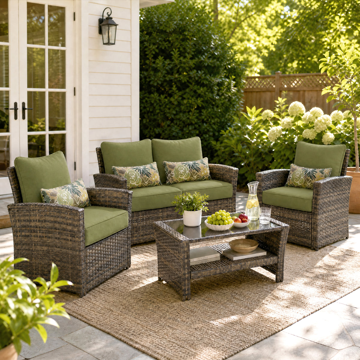 Outdoor Deep Seat Cushion Set with Lumbar Pillow, Green
