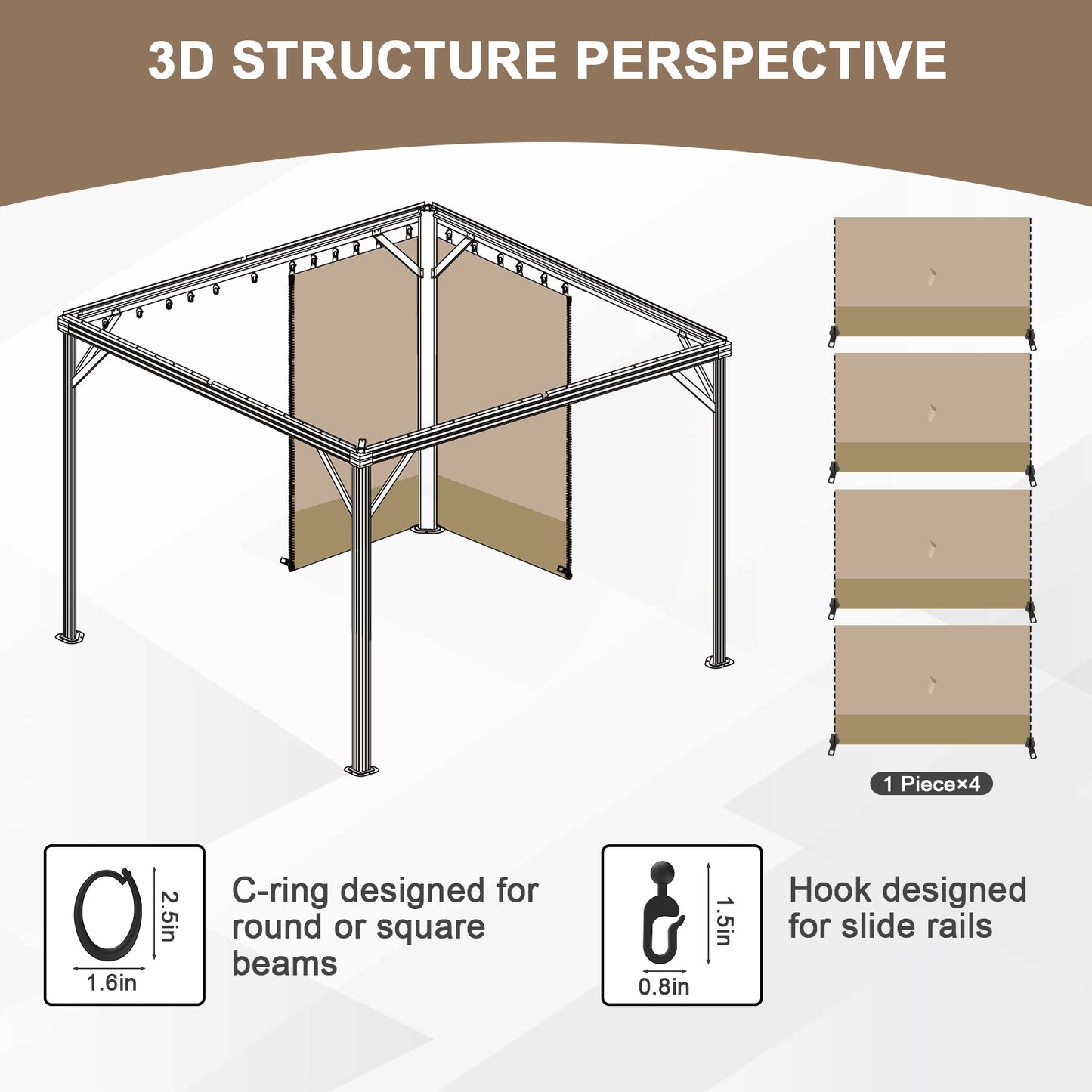 Outdoor Gazebo Curtains, 4 Panels Privacy Sidewall Replacement (Curtain Only) - Sand Yellow and Khaki - Aoodor 