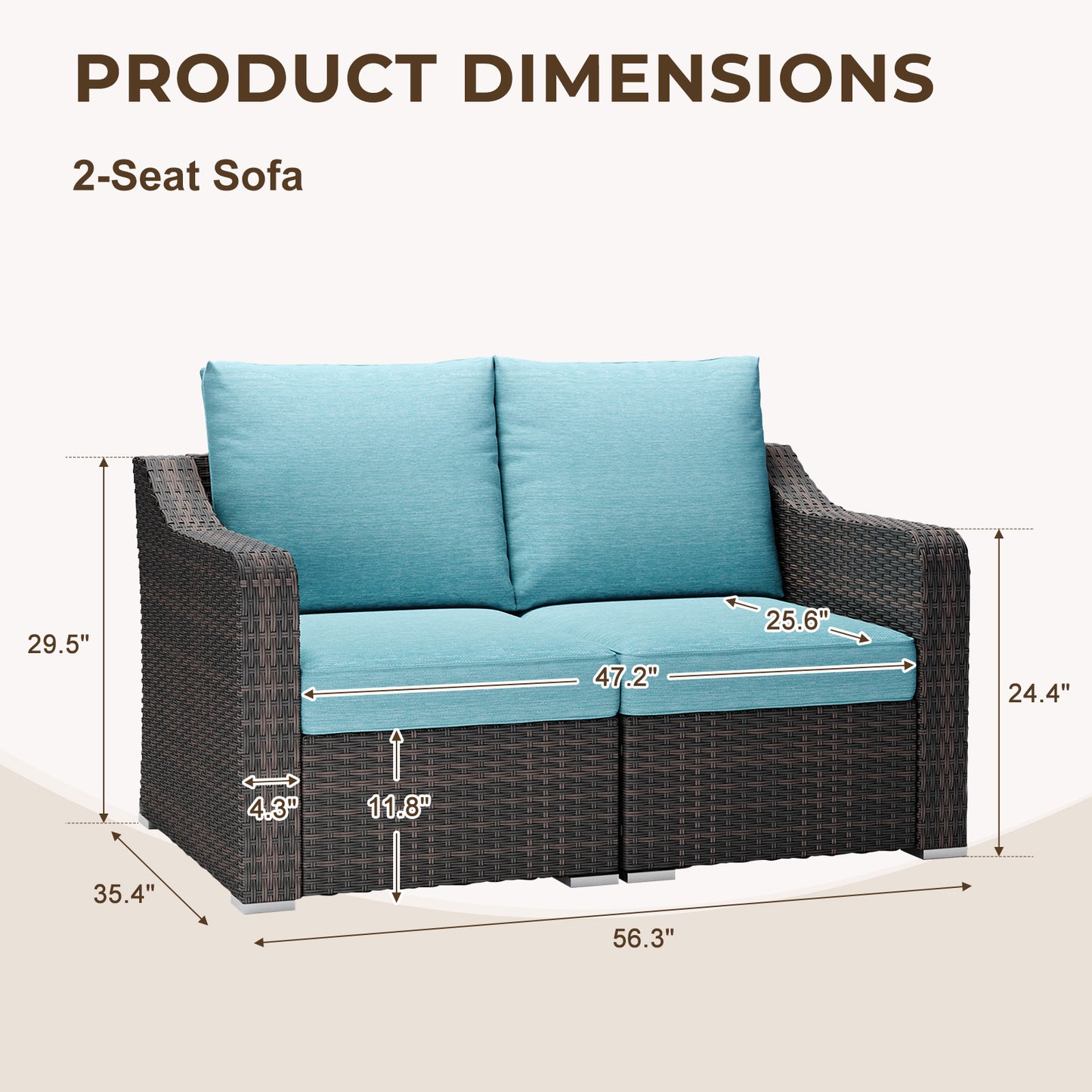 Aoodor Luxury Loveseat Patio Rattan Sofa with Turquoise Cushions Sets