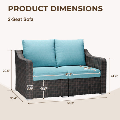 Aoodor Luxury Loveseat Patio Rattan Sofa with Turquoise Cushions Sets