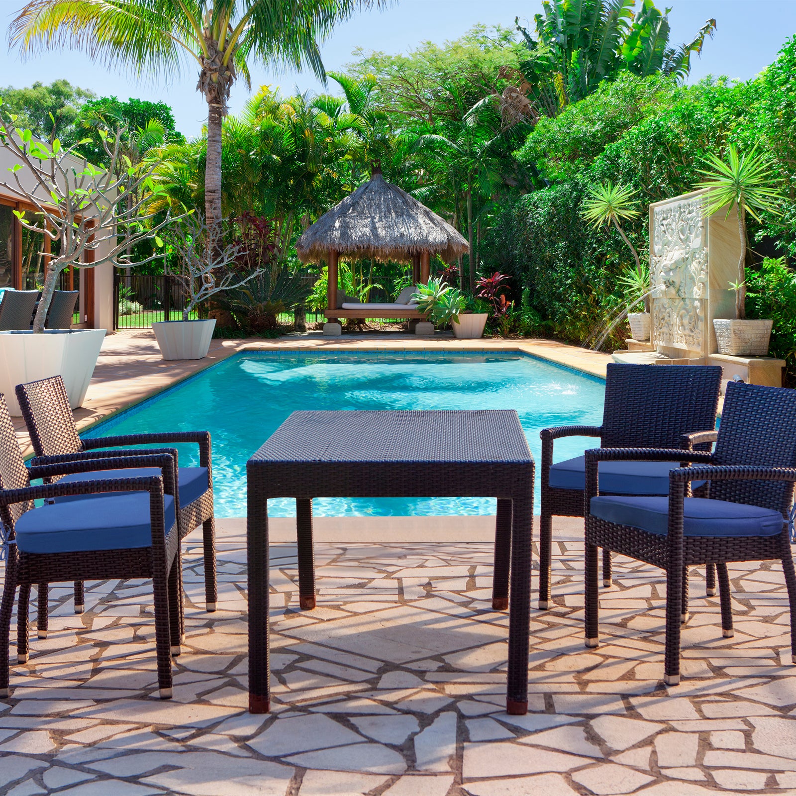 Outdoor Chair Cushion, Patio Seat Pad, Removable Cover with Hidden Zipper, Ties - Navy Blue - Aoodor 