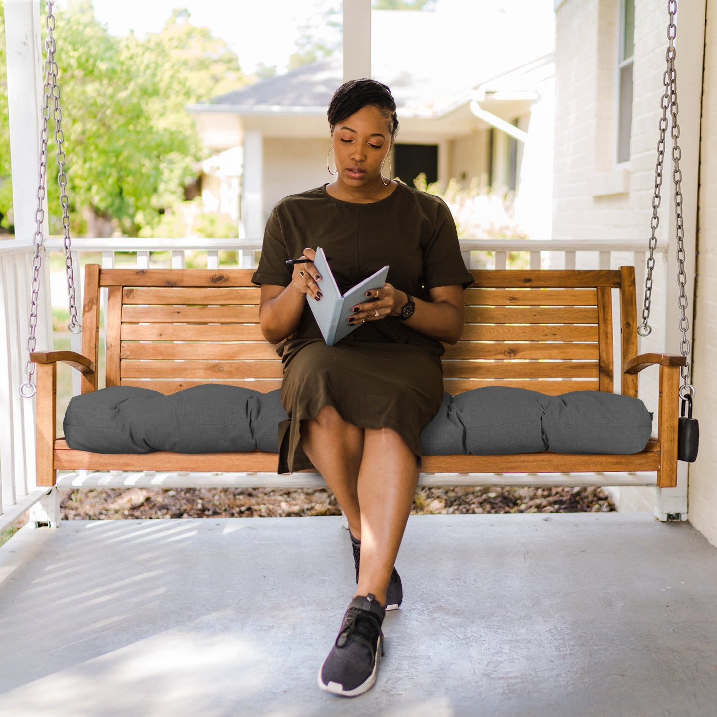 Outdoor Polyester Tufted Bench Cushion, Water & Fade Resistant, Dark Gray - Aoodor 