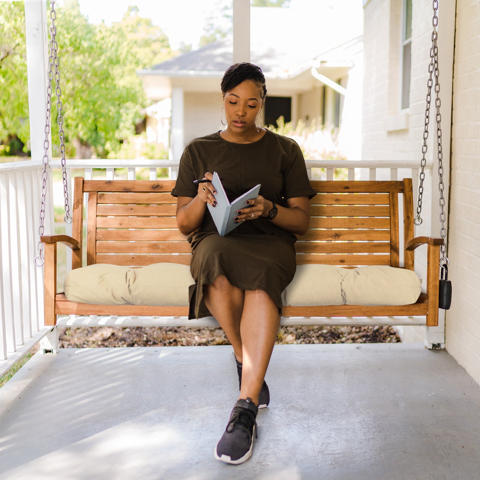 Outdoor Polyester Tufted Bench Cushion, Water & Fade Resistant, Khaki - Aoodor 