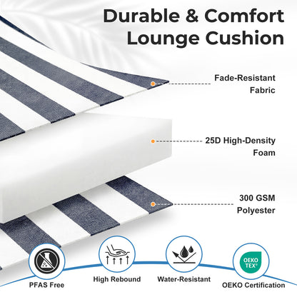 79x25x3 inch Outdoor Lounge Chair Cushion with Headrest, Grey Stripe