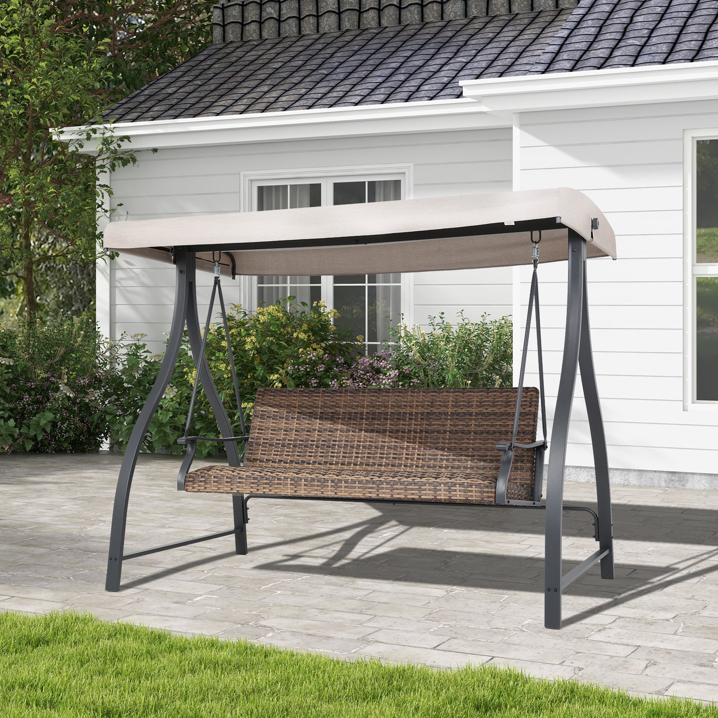 3-Seat Outdoor Rattan Patio Swing with Adjustable Canopy - Aoodor 