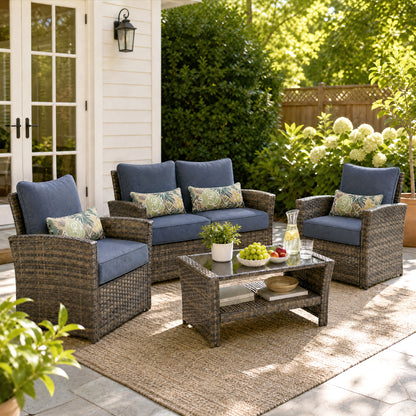 Outdoor Deep Seat Cushion Set with Lumbar Pillow, Navy Blue