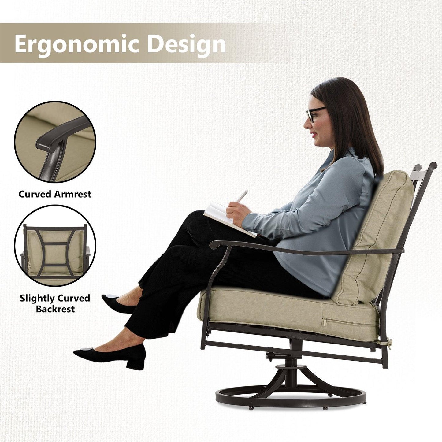 Outdoor Swivel Chair Set -  Two Chairs, One Glass Table, and Two Thick Cushions - Aoodor 