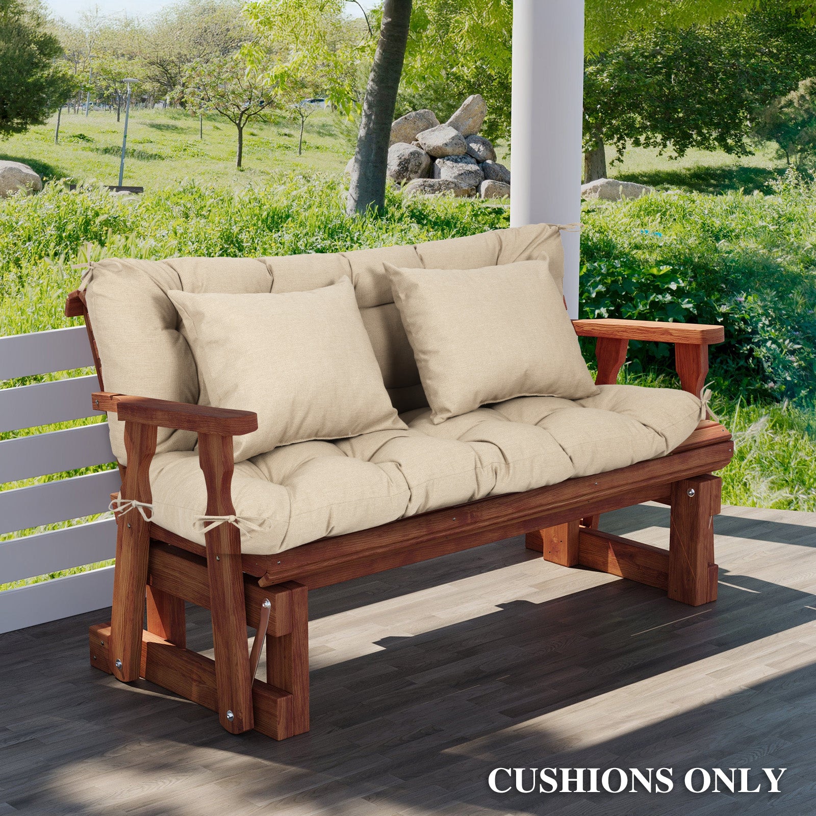 59" Tufted Porch Swing Cushions, Extra 5.1" Thick Outdoor Swing Bench Replacement Cushion with Backrest and 2 Pillows - Khaki - Aoodor 