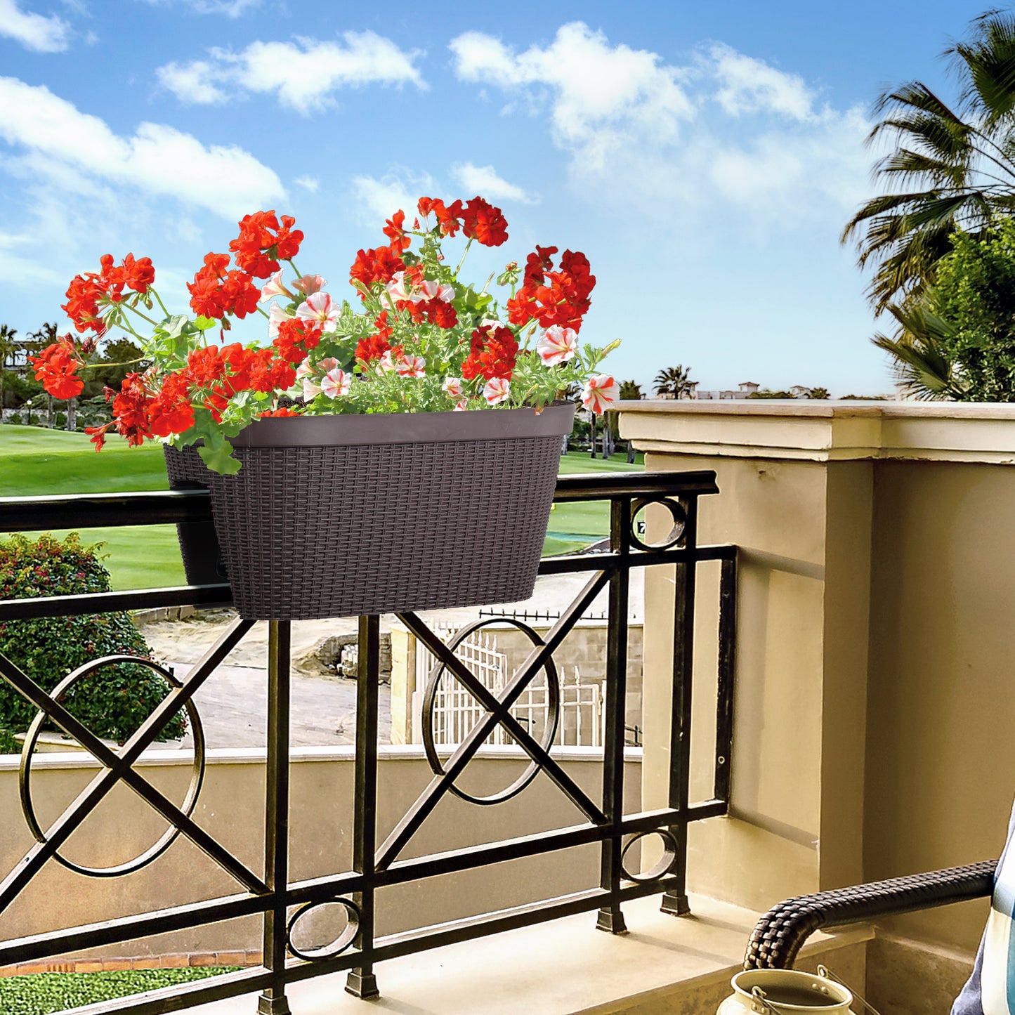 19.6 inch Balcony Rattan Pattern Railing Planter Box with Drainage Holes and Adjustable Brackets - Set of 4 - Aoodor 