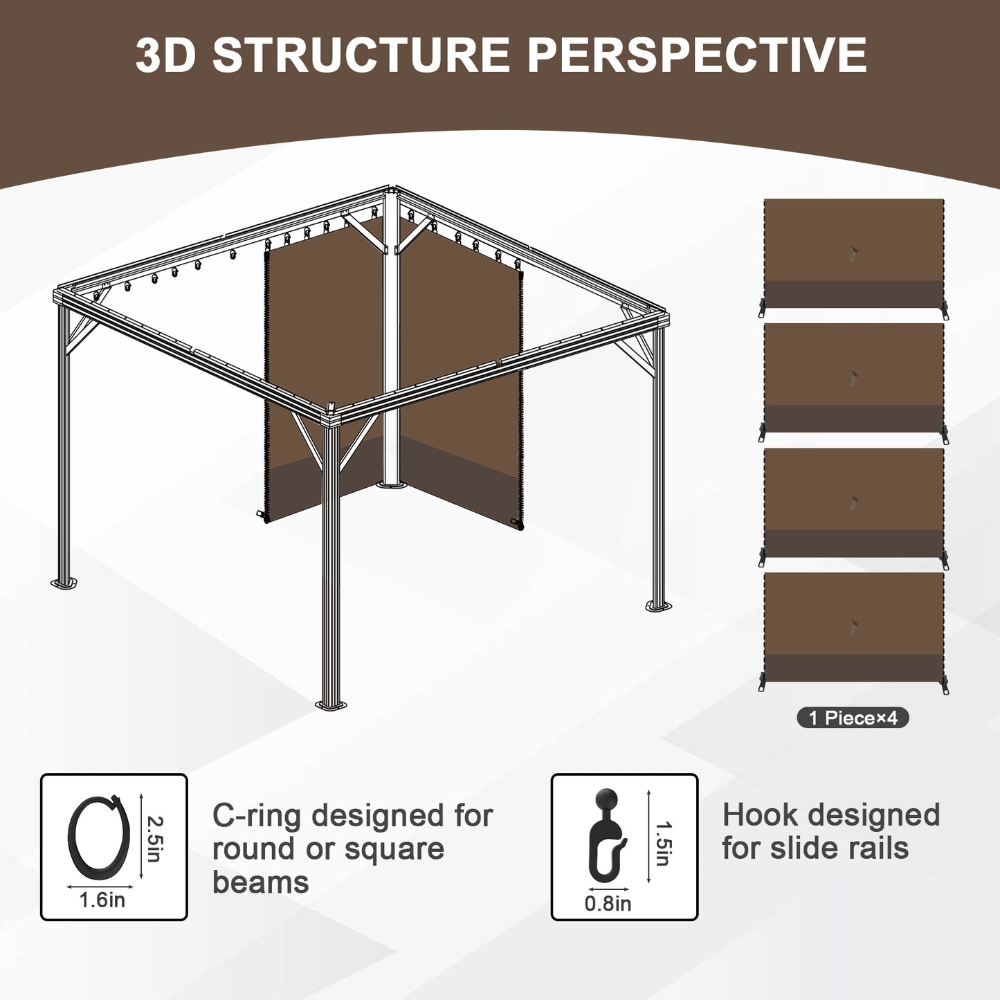 Outdoor Gazebo Curtains, 4 Panels Privacy Sidewall Replacement (Curtain Only) - Brown and Coffee - Aoodor 
