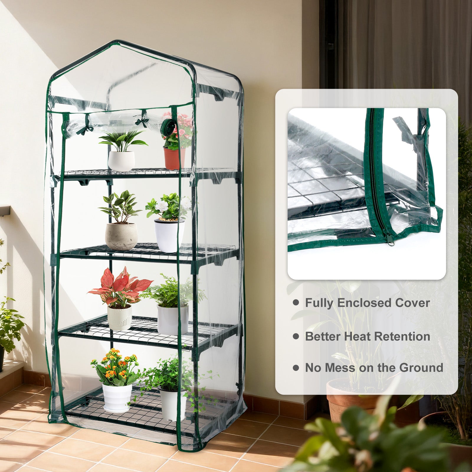 4 Tier Upgrade Greenhouse with Protective PVC Base, Transparent - Aoodor 