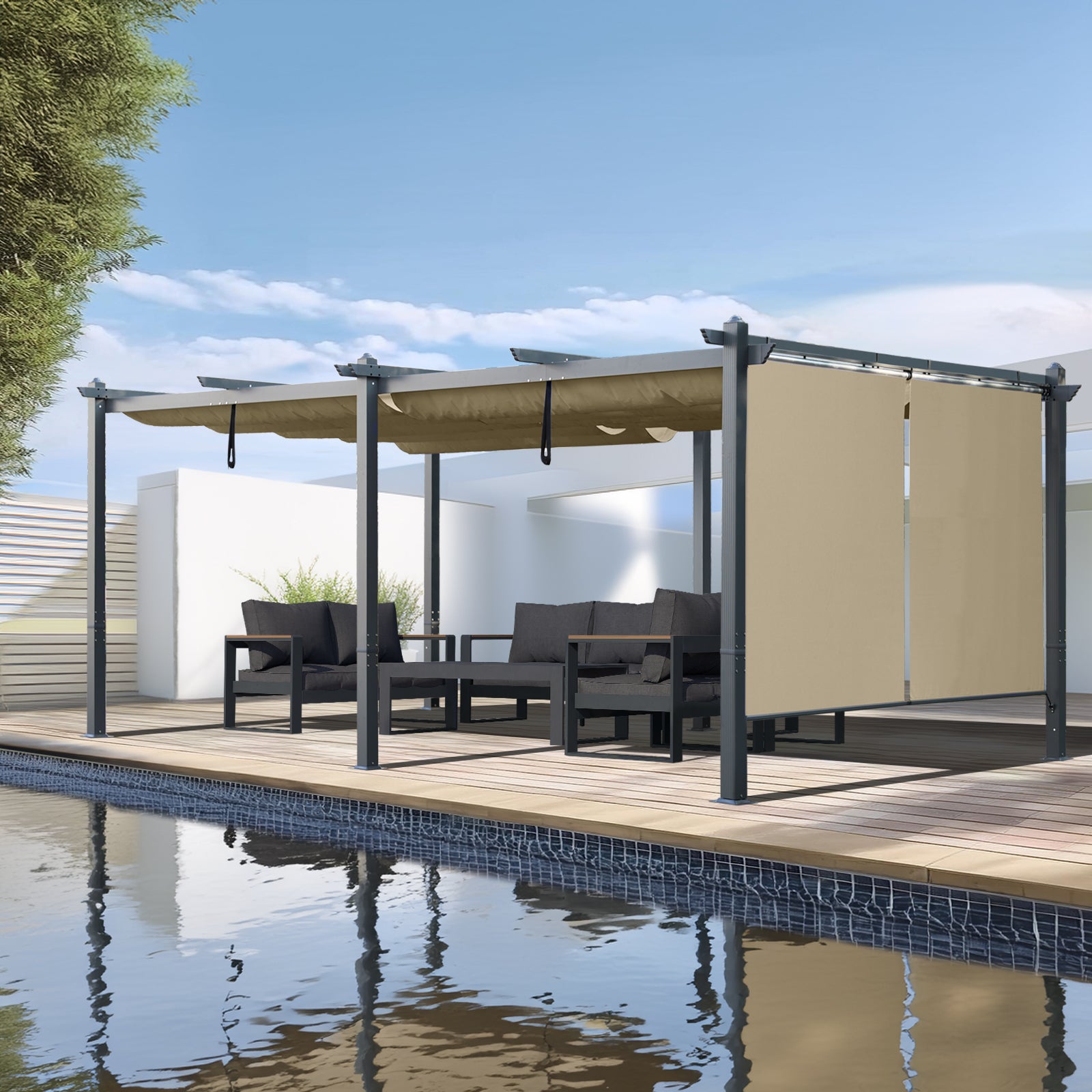 12x20 ft. Outdoor Pergola with Retractable Shade Canopy, Aluminum Frame, Roller Shade Curtain - Aoodor 