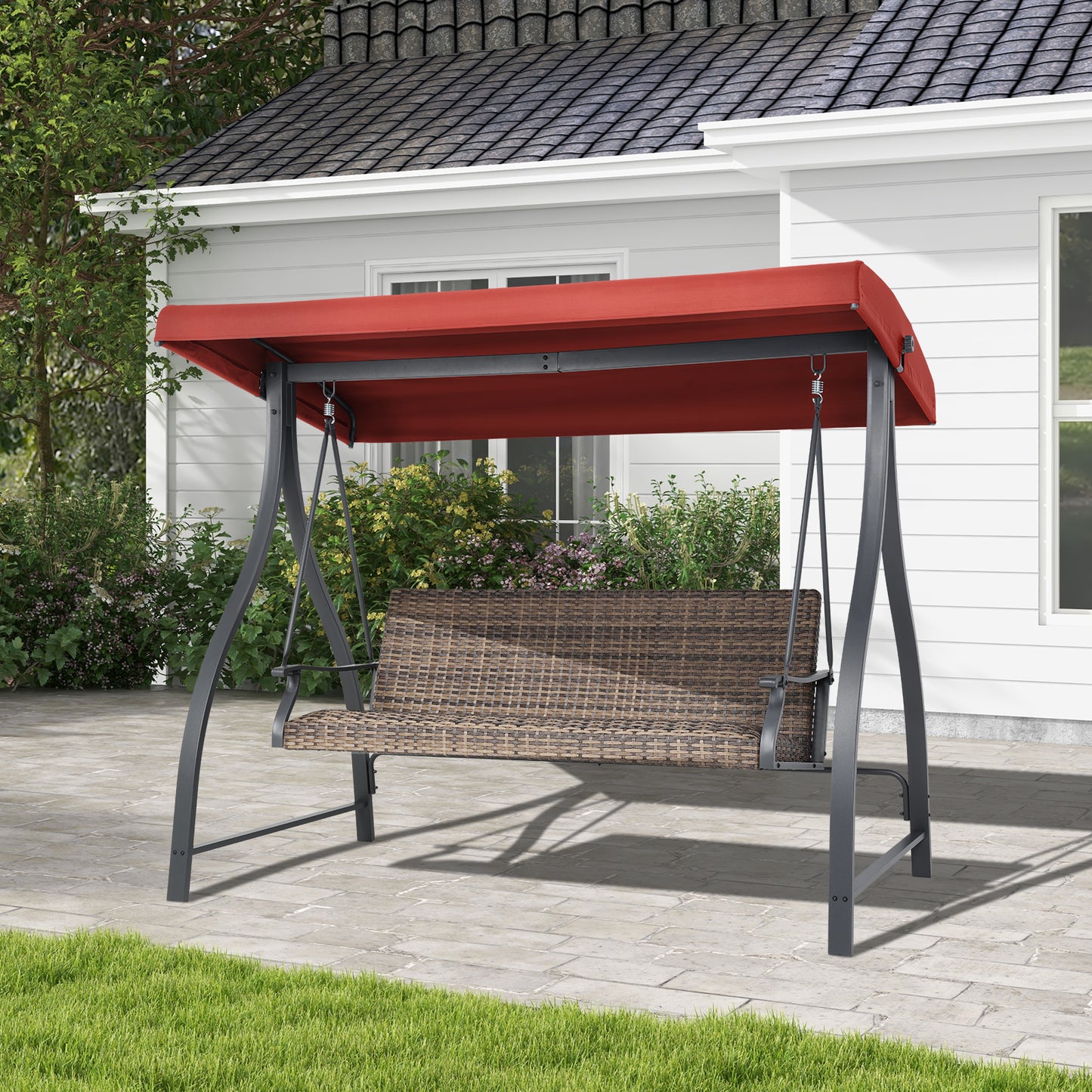 3-Seat Outdoor Rattan Patio Swing with Adjustable Canopy - Aoodor 