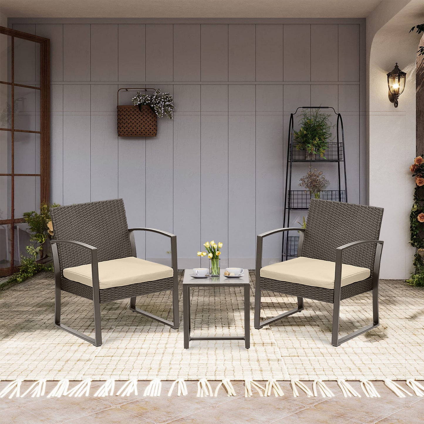 3-Piece Patio Furniture Set - Outdoor Rattan Wicker Chairs with Table, Sofa Set Including Cushions - Aoodor 