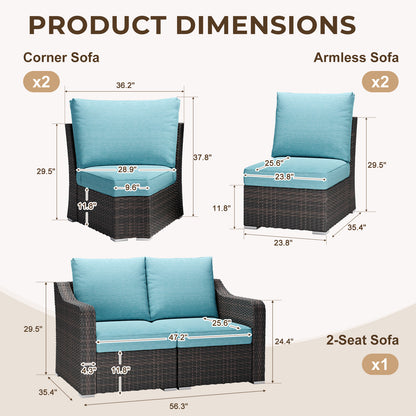 6 Piece L-shaped Patio Furniture Set with Turquoise Cushions - Modular Patio Seating