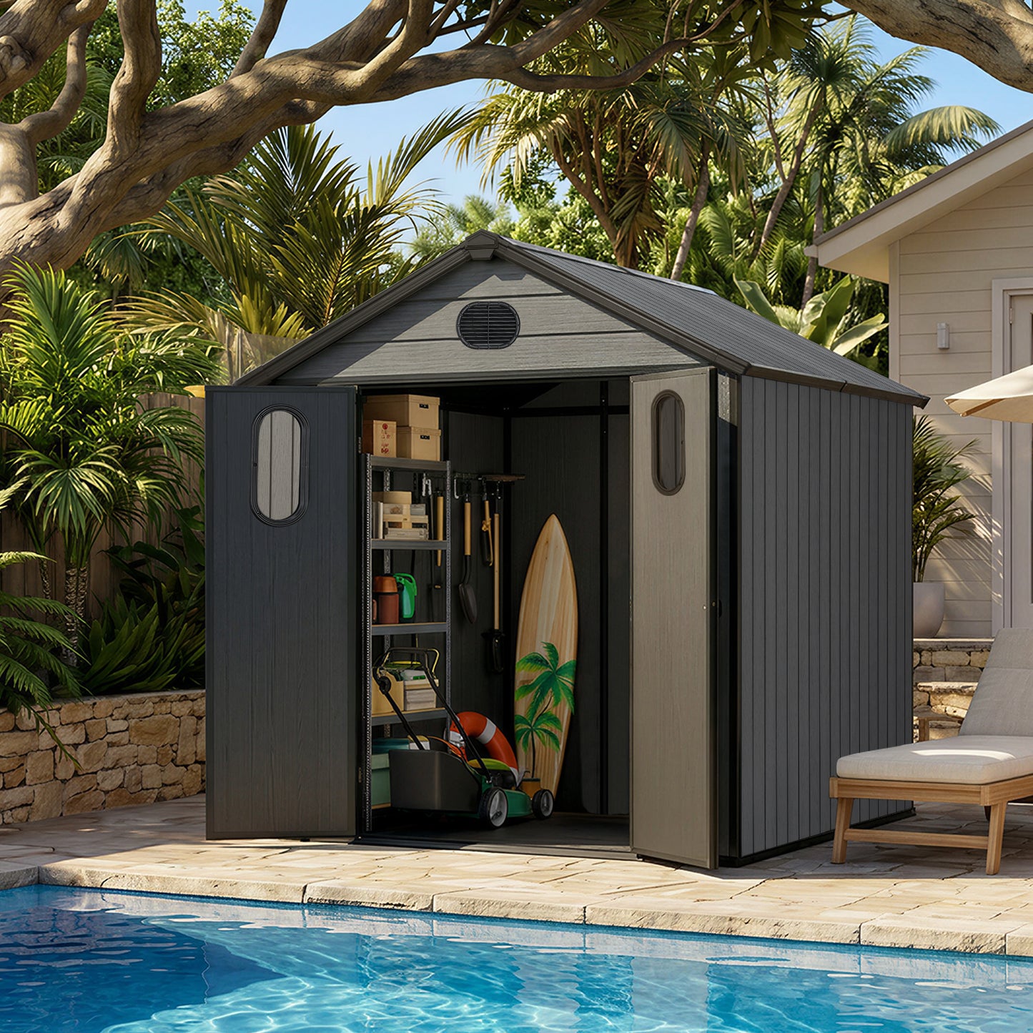 Outdoor Resin Storage Shed with Windows, Mesh Vents and Lockable Door