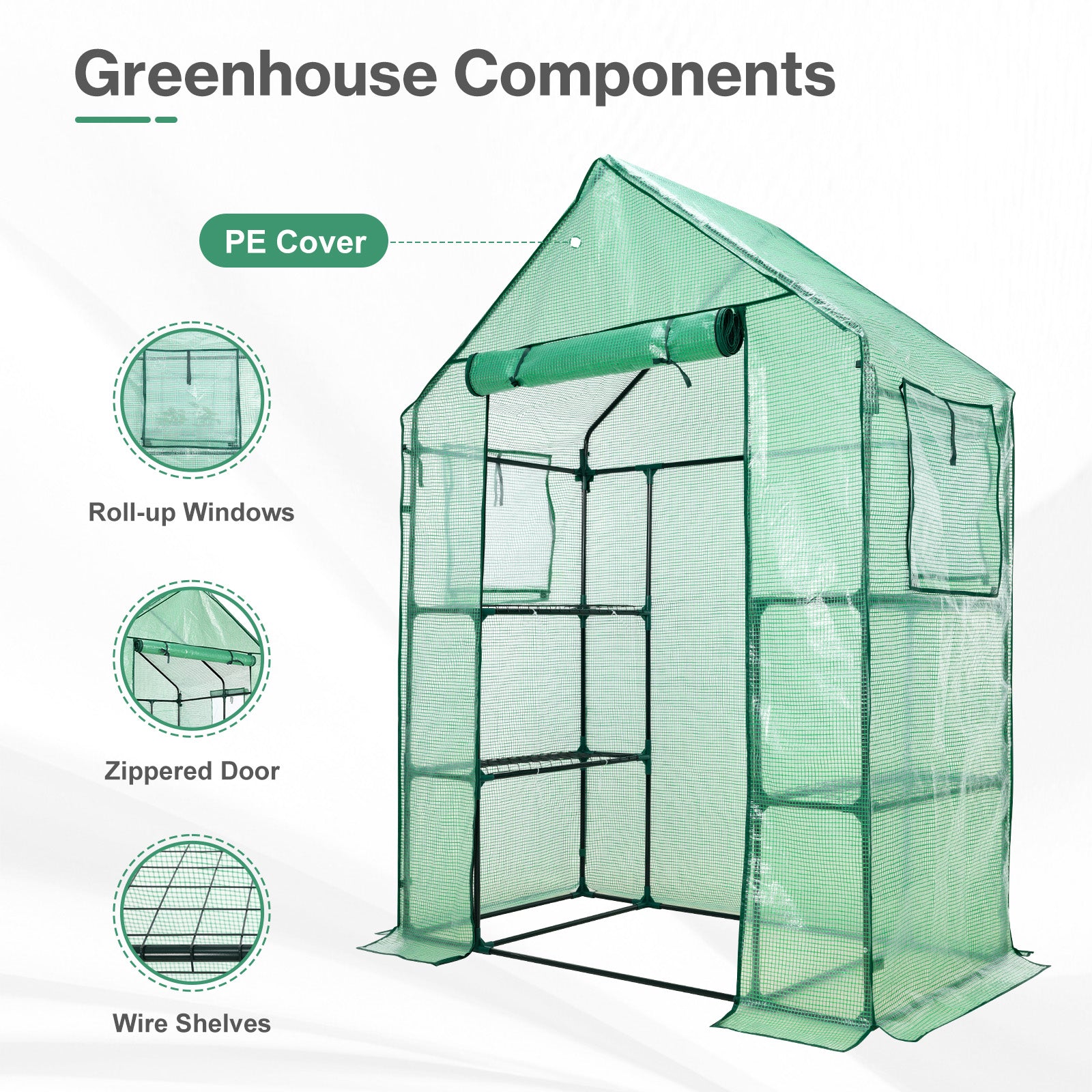 Walk-in Greenhouse with 4 Shelves, Outdoor Garden Plant House with PE Cover - Aoodor 