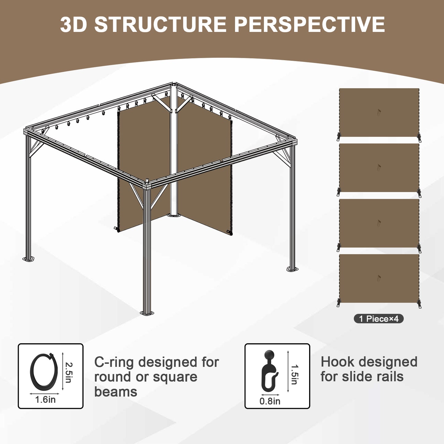 Outdoor Gazebo Curtains, 4 Panels Privacy Sidewall Replacement (Curtain Only) - Light Coffee - Aoodor 