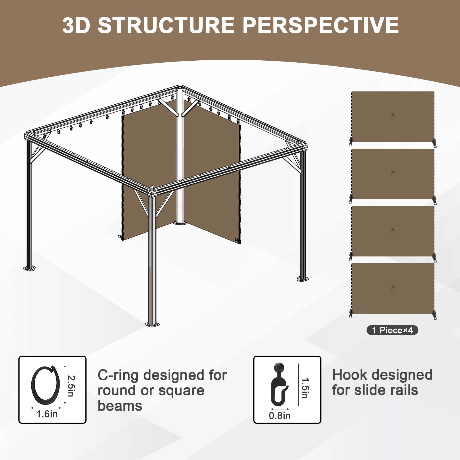 Outdoor Gazebo Curtains, 4 Panels Privacy Sidewall Replacement (Curtain Only) - Light Coffee - Aoodor 