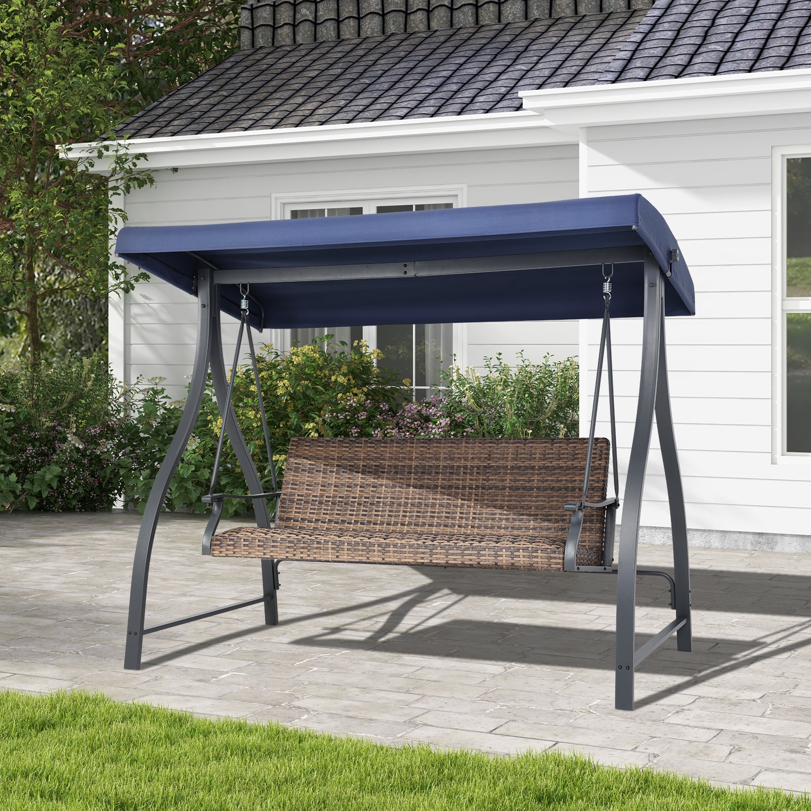 3-Seat Outdoor Rattan Patio Swing with Adjustable Canopy - Aoodor 