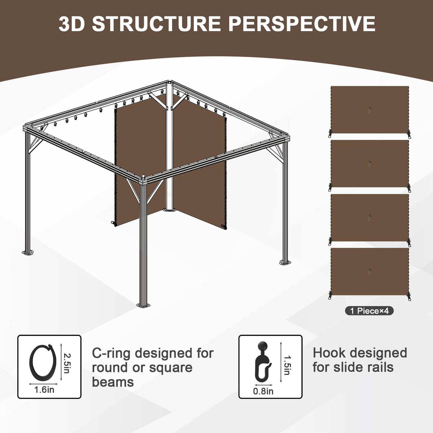 Outdoor Gazebo Curtains, 4 Panels Privacy Sidewall Replacement (Curtain Only) - Brown - Aoodor 
