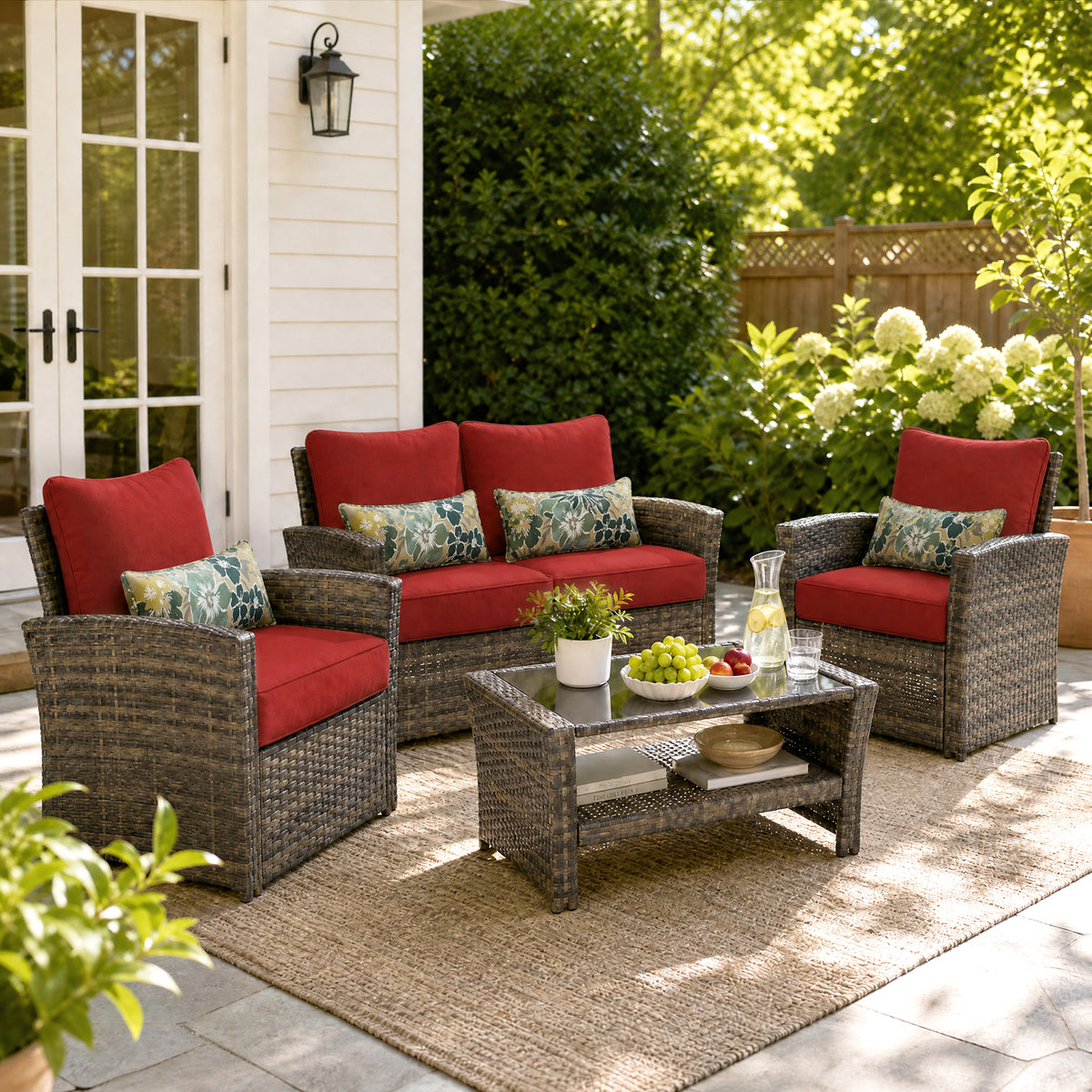 Outdoor Deep Seat Cushion Set with Lumbar Pillow, Red