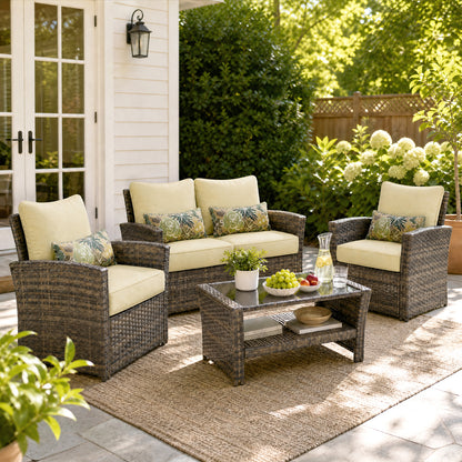Outdoor Deep Seat Cushion Set with Lumbar Pillow, Cream Yellow