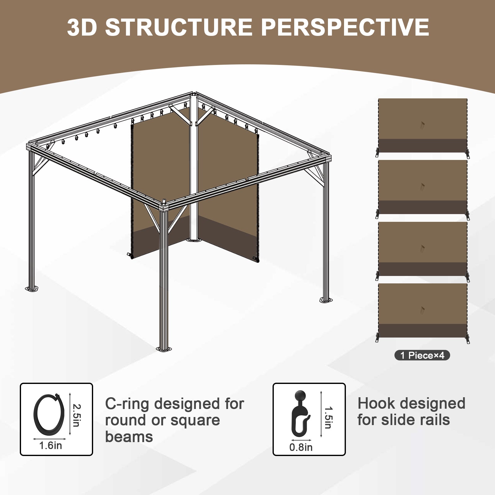 Outdoor Gazebo Curtains, 4 Panels Privacy Sidewall Replacement (Curtain Only) - Light Coffee and Coffee - Aoodor 