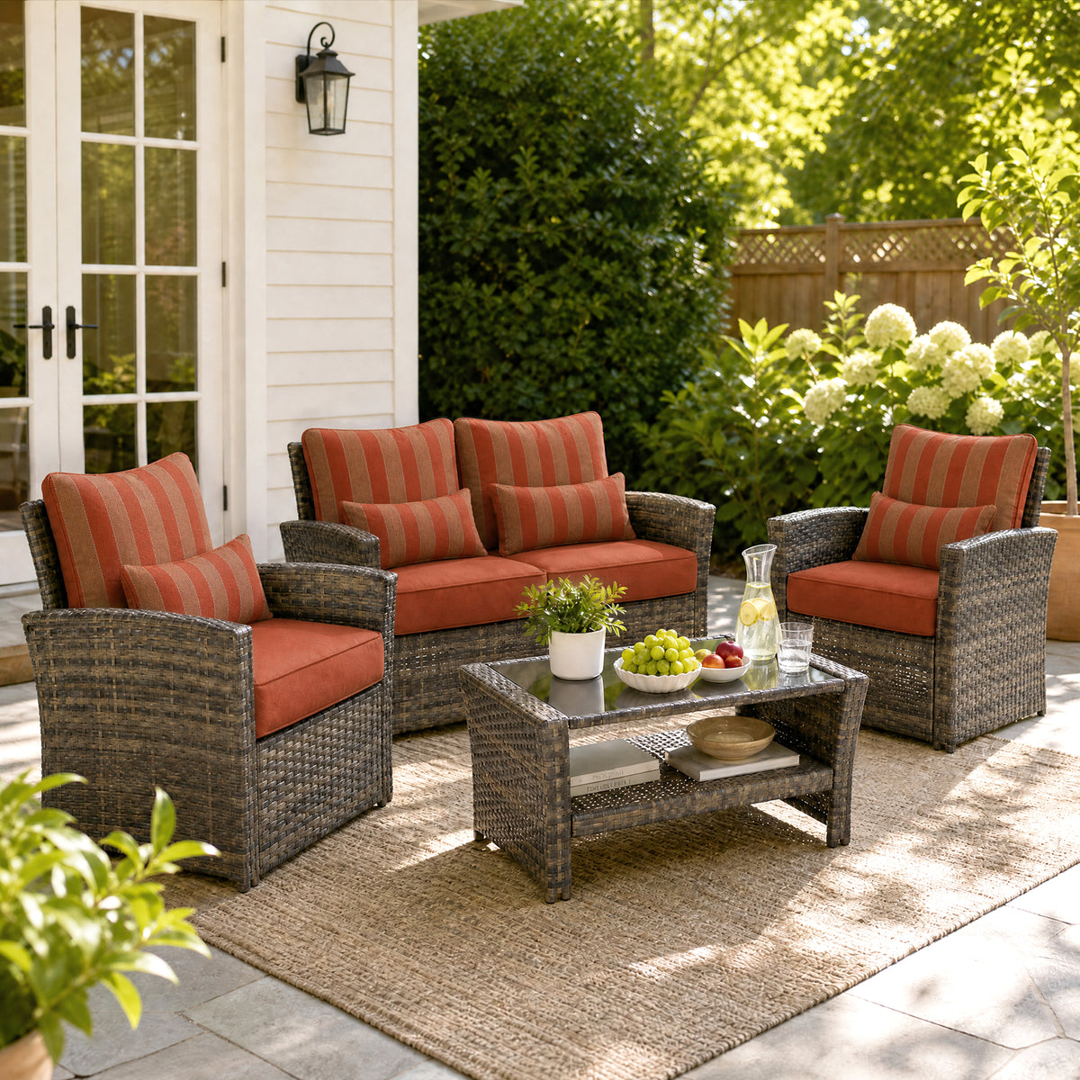 Outdoor Deep Seat Cushion Set with Lumbar Pillow, Wine Red Stripes