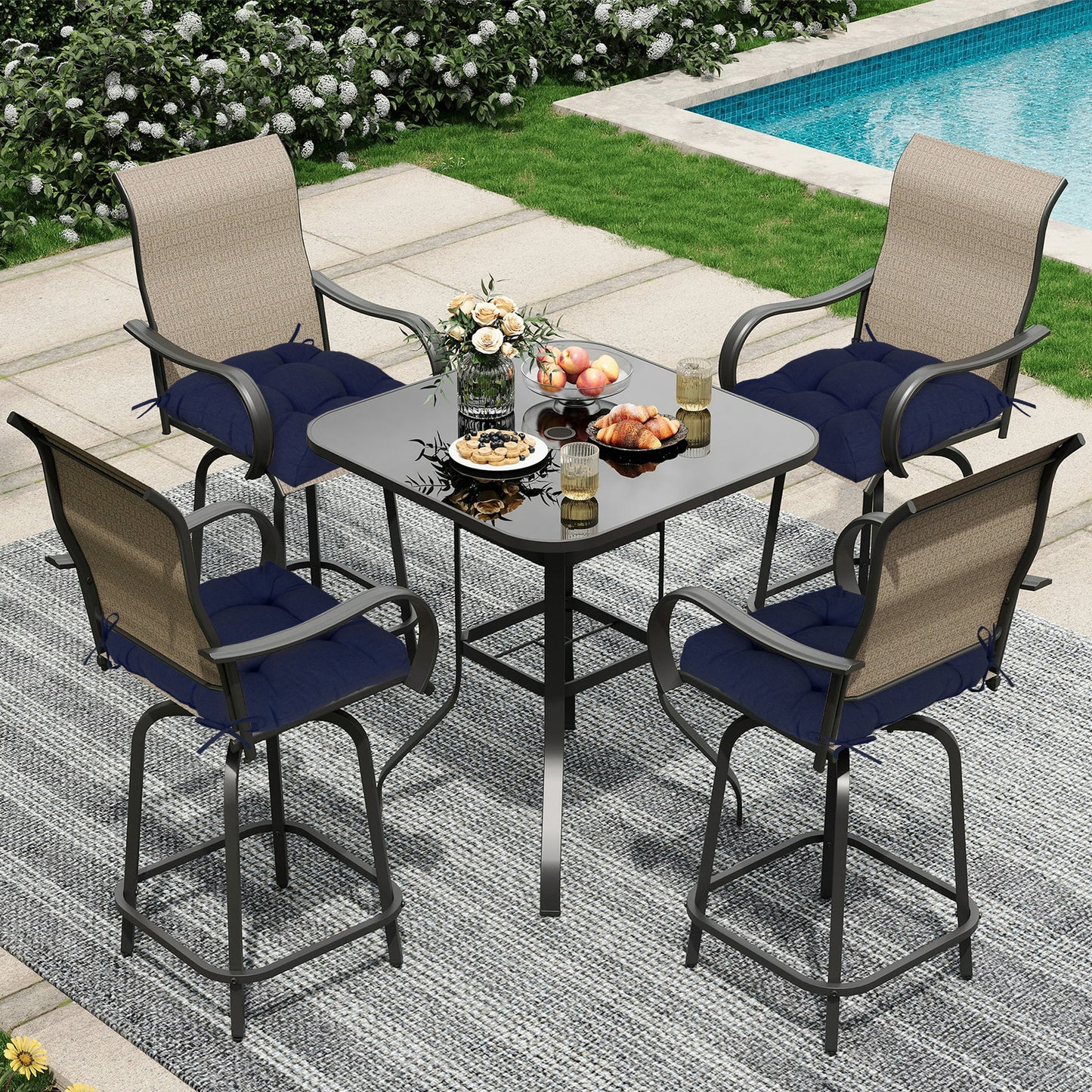 19x19x5 Inch Tufted Outdoor Chair Cushions, Water and Fade Resistant Polyester Dining Chair Pads with Ties - Dark Blue - Aoodor 