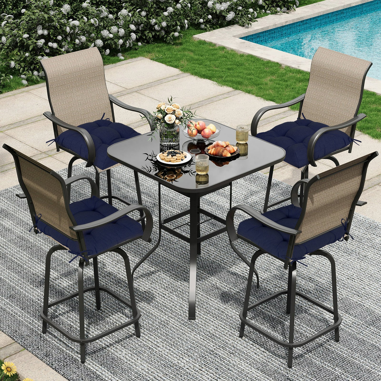 19x19x5 Inch Tufted Outdoor Chair Cushions, Water and Fade Resistant Polyester Dining Chair Pads with Ties - Dark Blue - Aoodor 