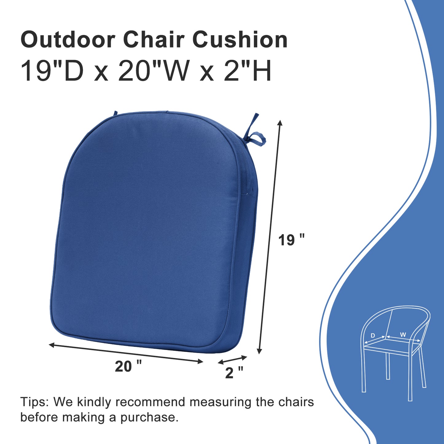 Outdoor Chair Cushion, Patio Seat Pad, Removable Cover with Hidden Zipper, Ties - Navy Blue - Aoodor 