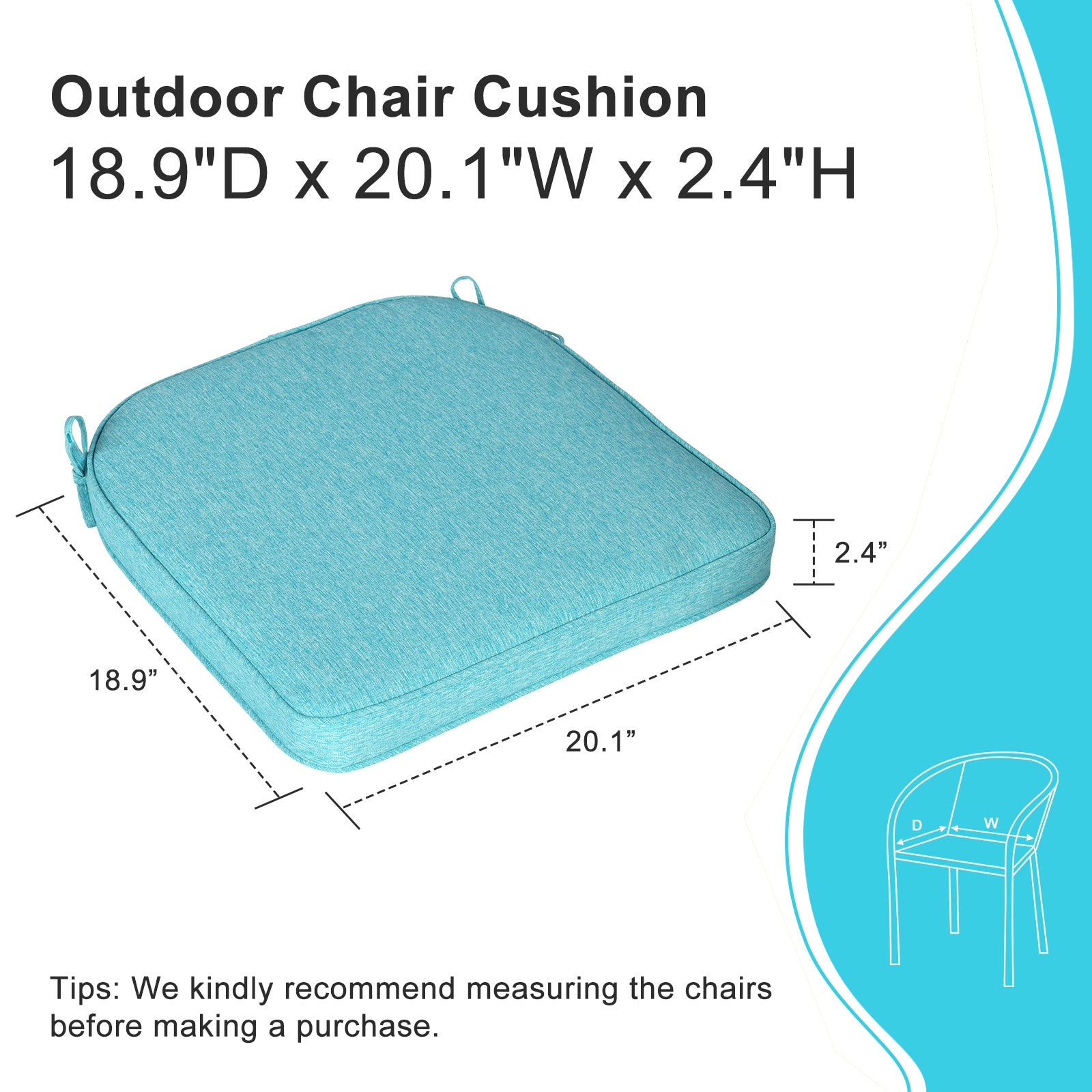 Outdoor Dining Chair Cushions Set, Patio Chair Pads with Ties, Aruba Blue - Aoodor 