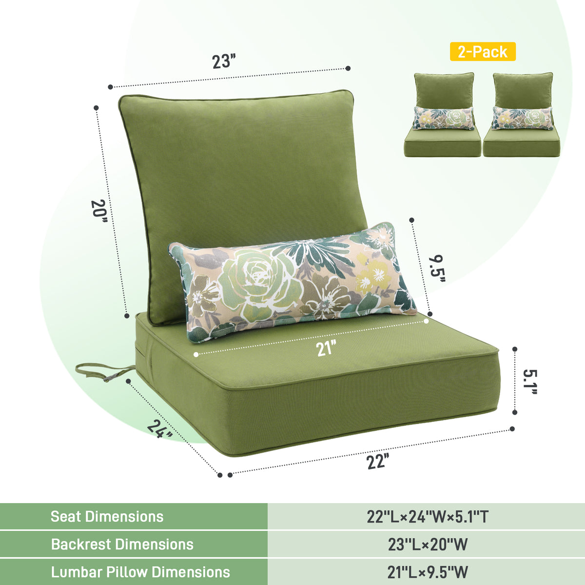Outdoor Deep Seat Cushion Set with Lumbar Pillow, Green