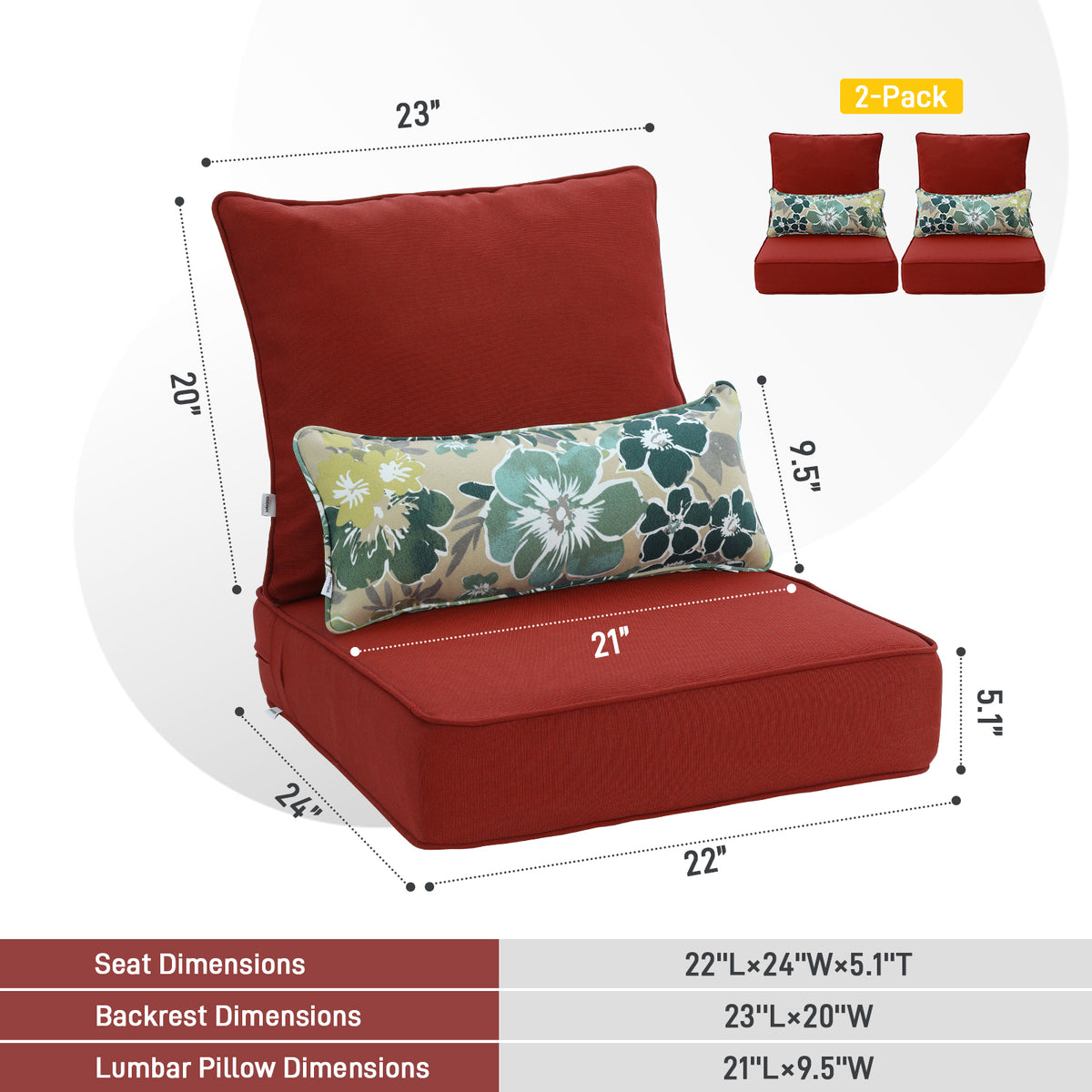 Outdoor Deep Seat Cushion Set with Lumbar Pillow, Red