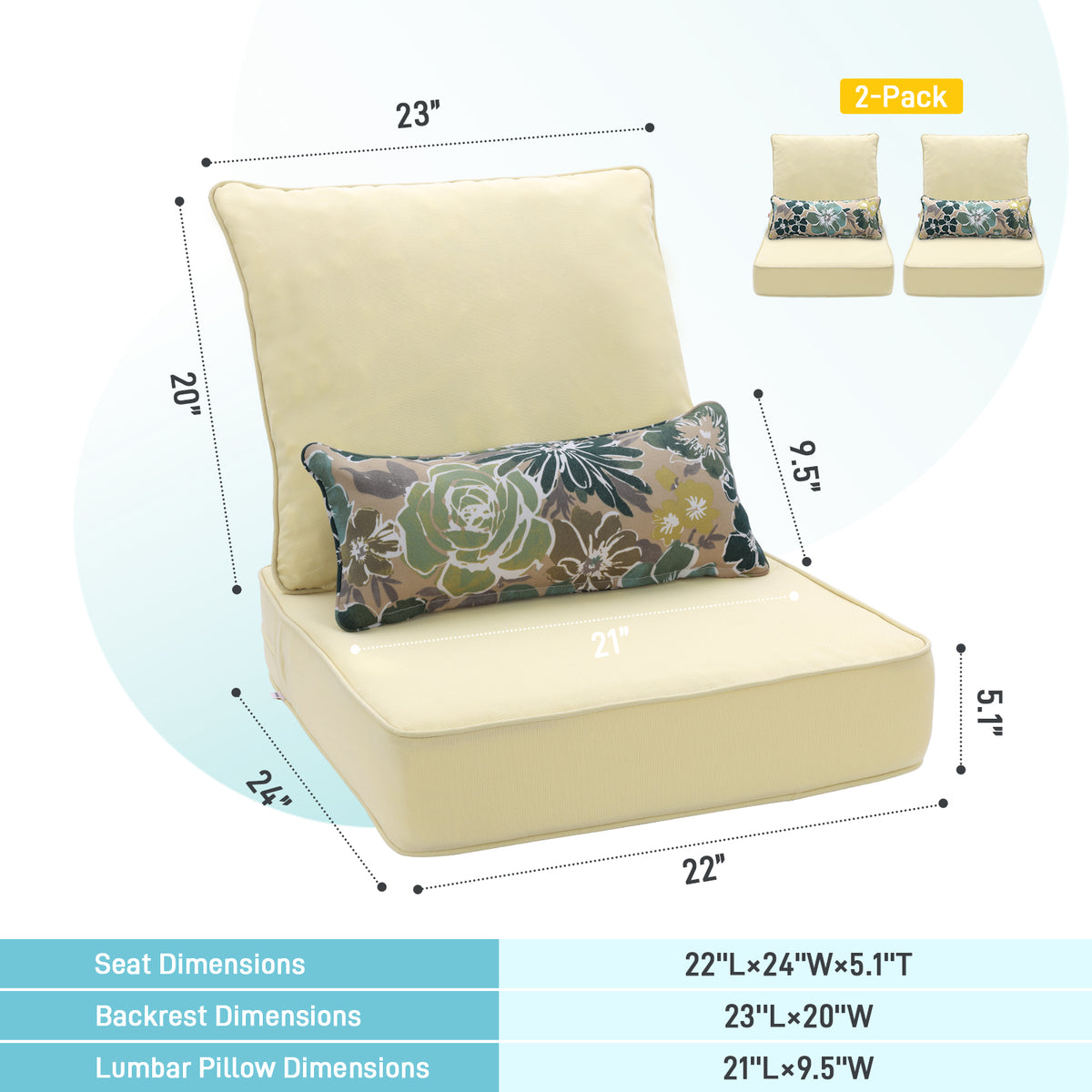 Outdoor Deep Seat Cushion Set with Lumbar Pillow, Cream Yellow