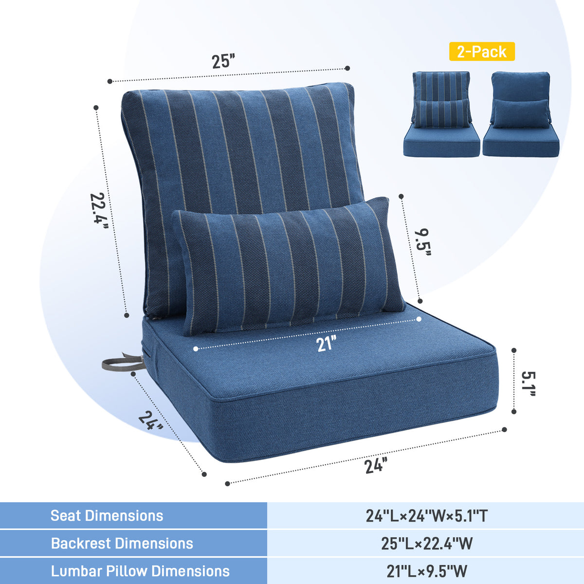 Outdoor Deep Seat Cushion Set with Lumbar Pillow, Dark Blue Stripes