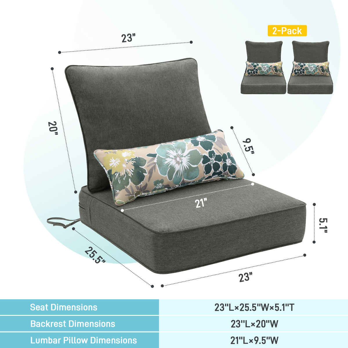 Outdoor Deep Seat Cushion Set with Lumbar Pillow, Charcoal