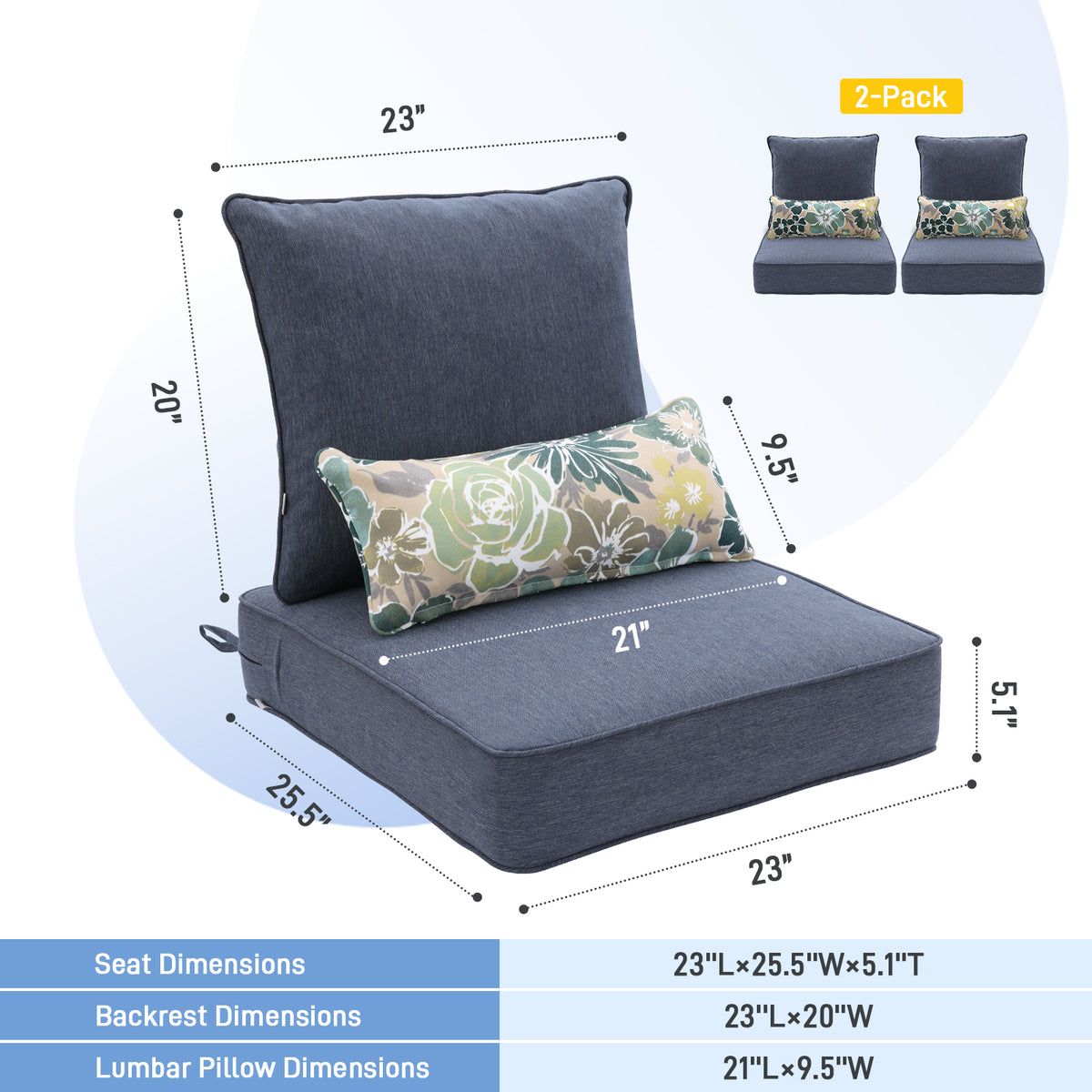 Outdoor Deep Seat Cushion Set with Lumbar Pillow, Navy Blue