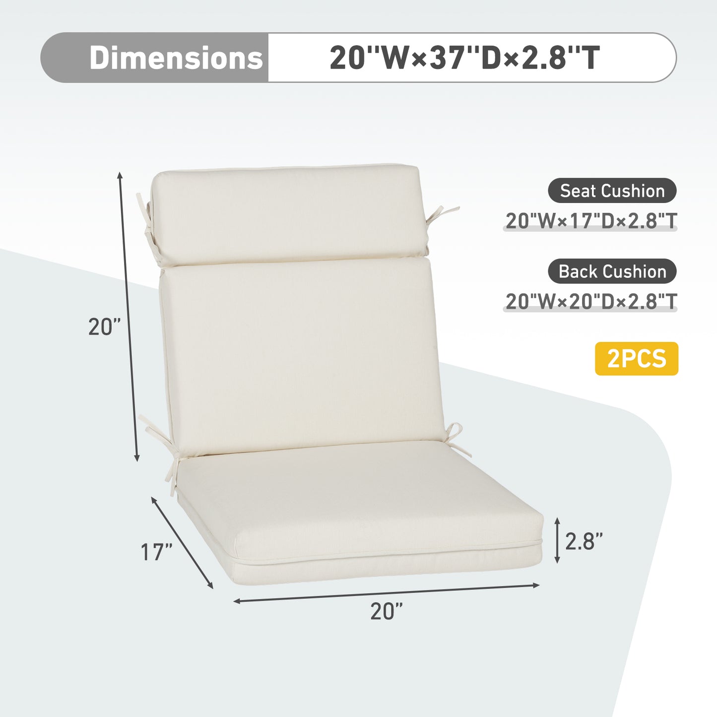Outdoor High Back Dining Chair Cushion Set, Polyester Fabric, TPU Water Repellent Coating, Ivory