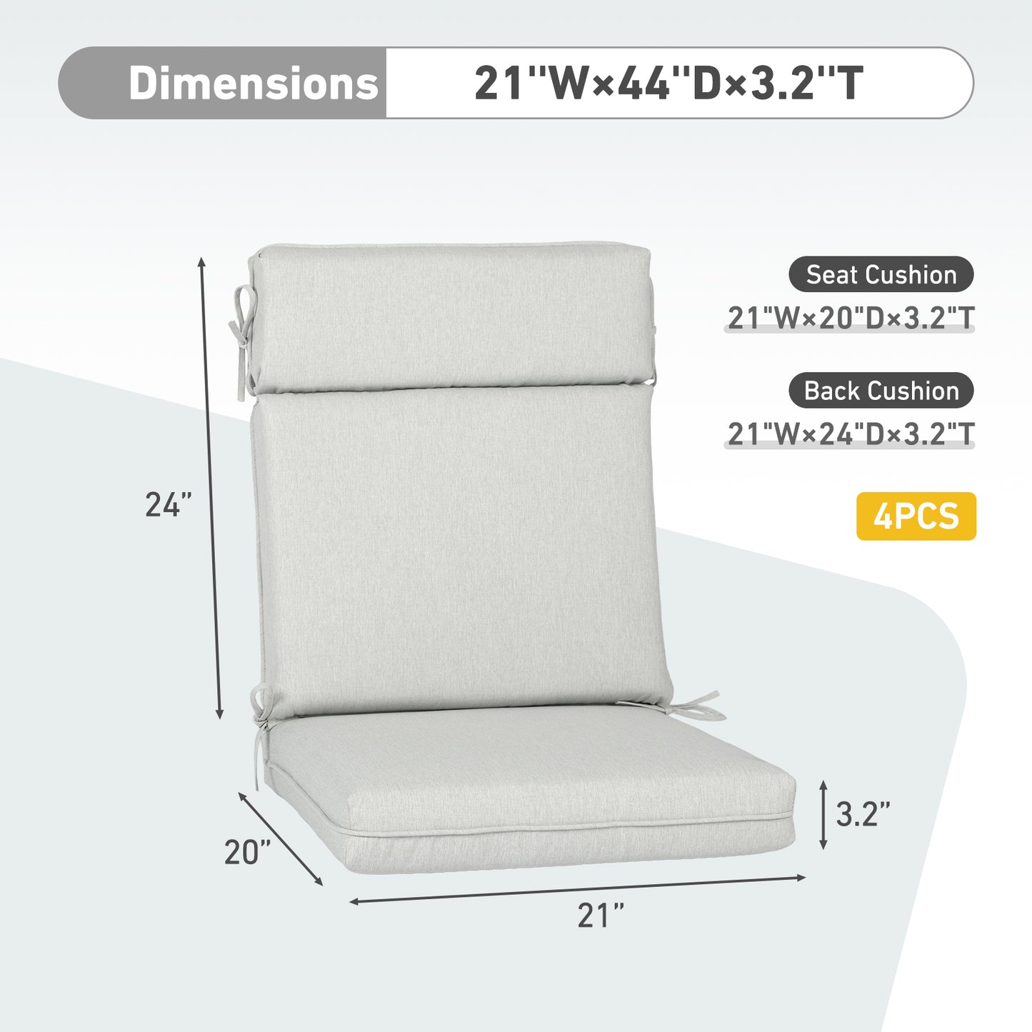 Outdoor High Back Dining Chair Cushion Set, Polyester Fabric, TPU Water Repellent Coating, Light Gray