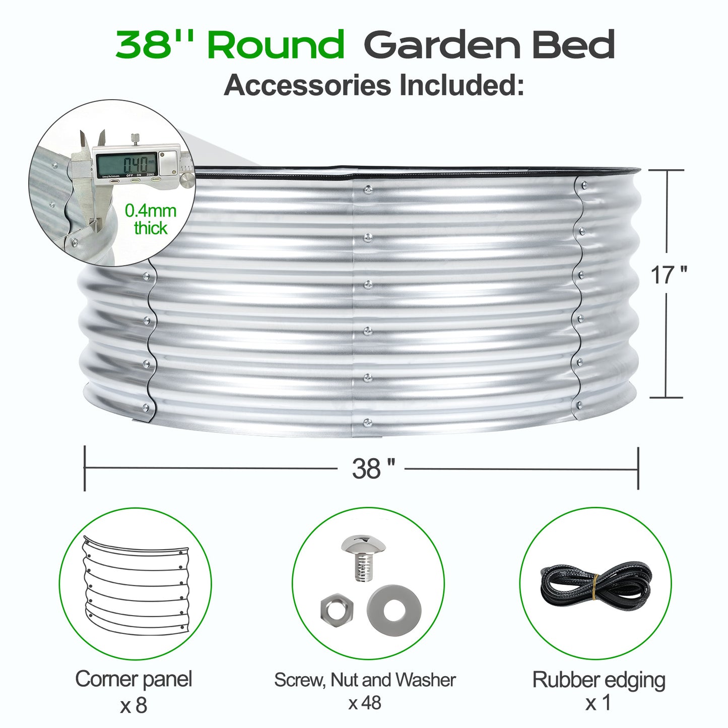 17" Tall 38" Metal Raised Garden Bed Kit, Silver