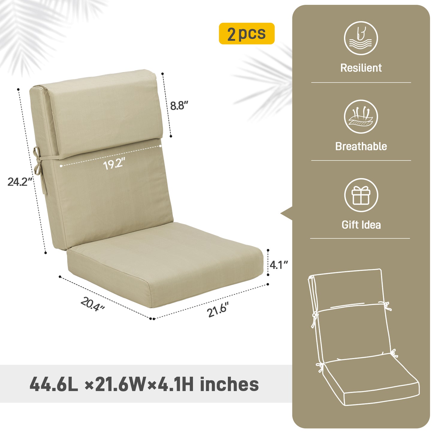 45x22x4 inch Outdoor High Back Patio Chair Cushions, Brown