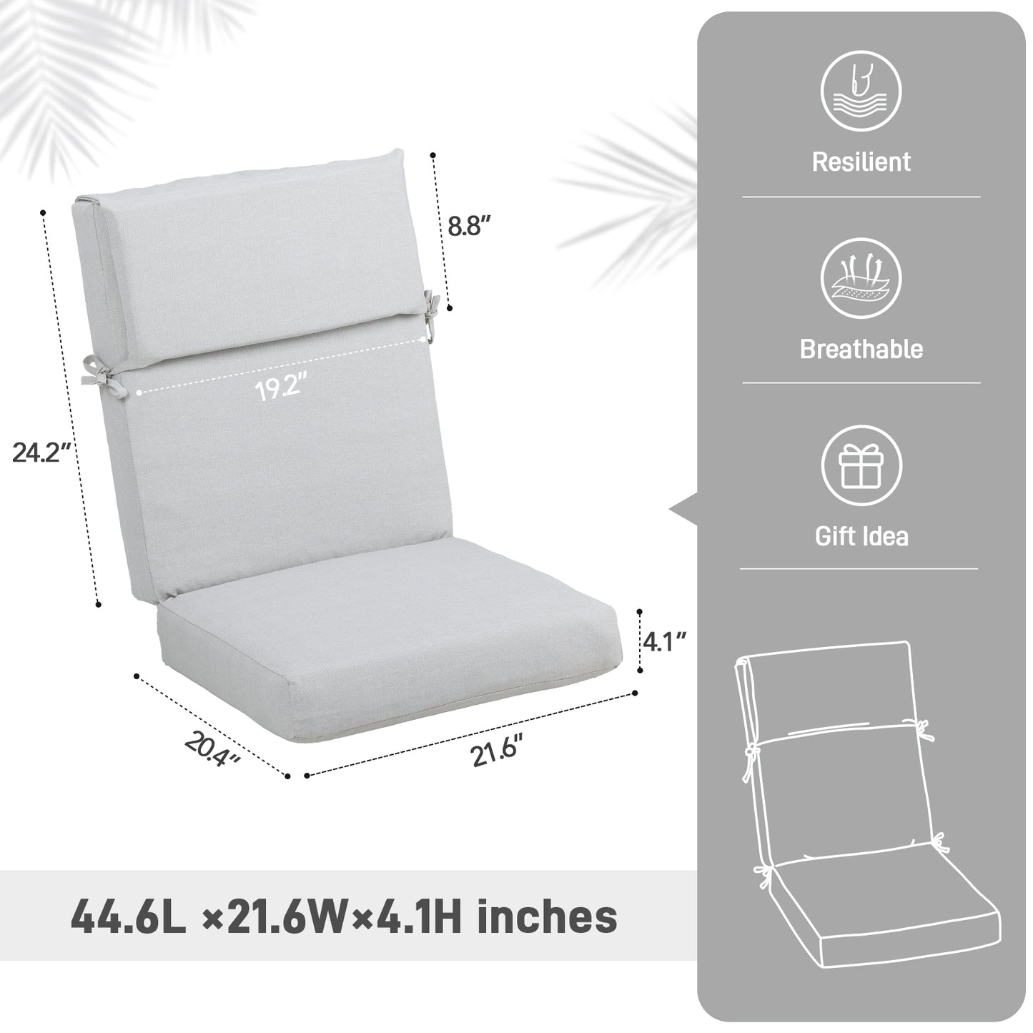 45x22x4 inch Outdoor High Back Patio Chair Cushions, Light Gray
