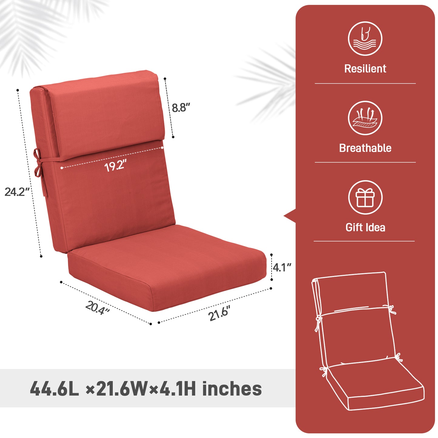 45x22x4 inch Outdoor High Back Patio Chair Cushions, Red