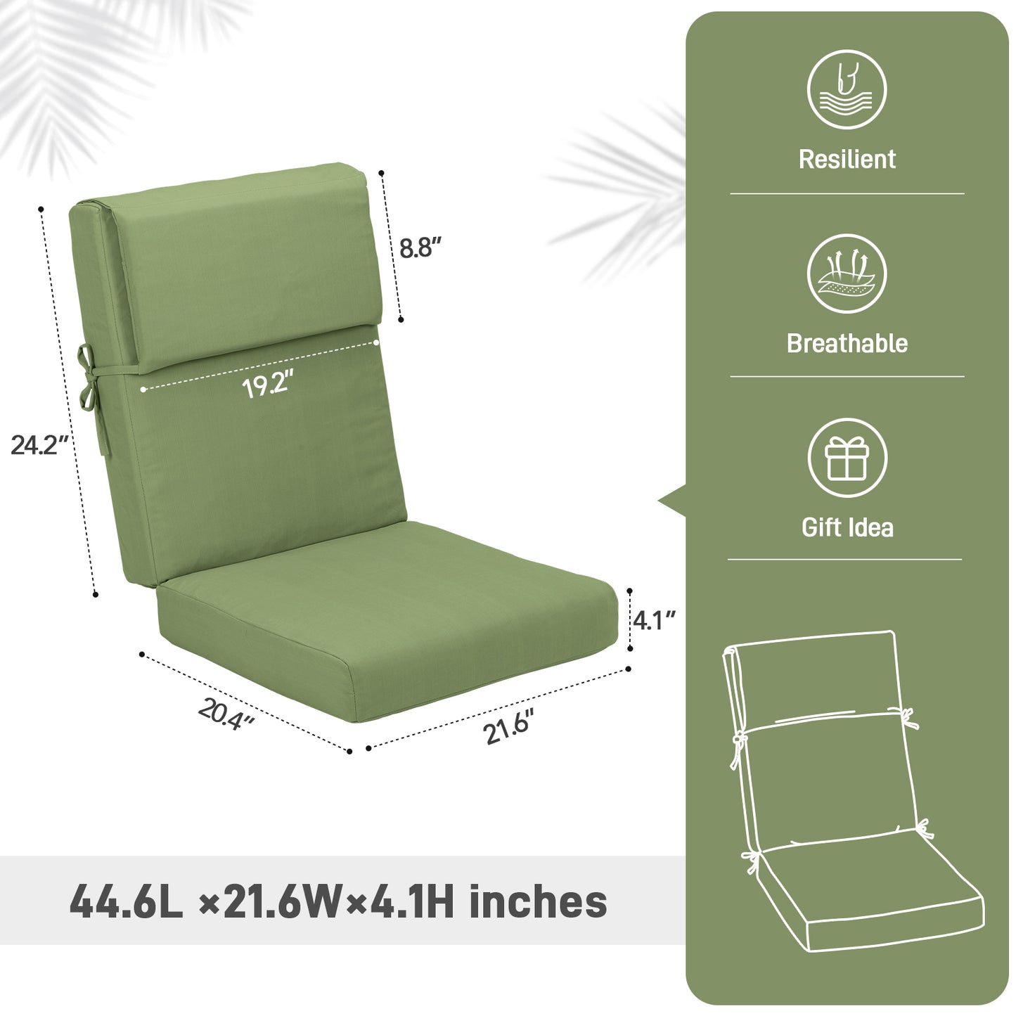 45x22x4 inch Outdoor High Back Patio Chair Cushions, Green